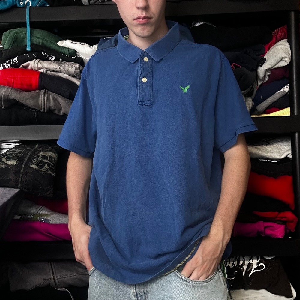 Vintage American Eagle Polo Shirt Blue XXXL Y2K Baggy Skater Streetwear 1346